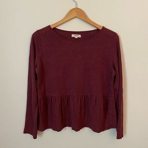Madewell Knit Top size Small Burgundy Long Sleeves Peplum